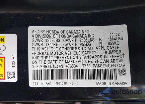 2022 Honda Civic Si Sedan z USA, uszkodzony, nr VIN 2HGFE1E54NH476634